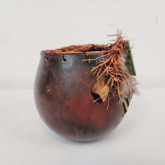 Hand Painted Gourd Bowl Handmade Art Feathers Agate Signed Brown Green - Picture 9 of 11